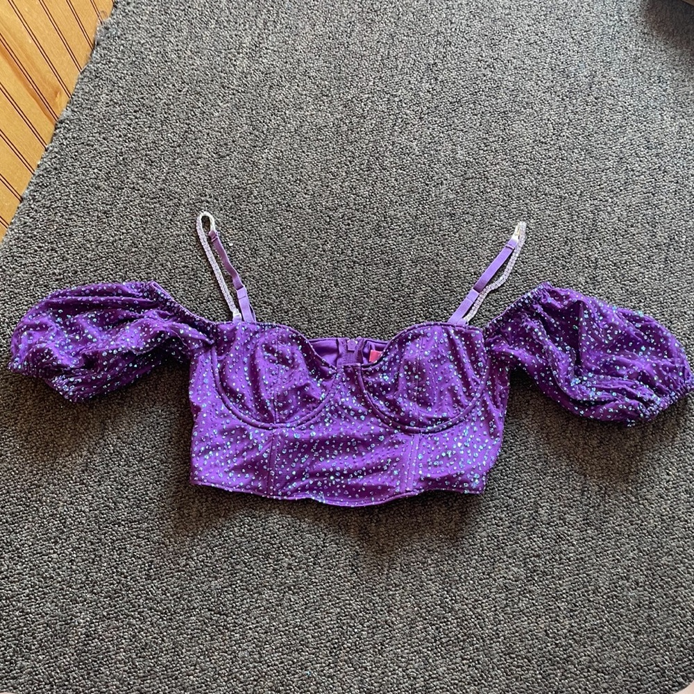 Dolls Kill Purple Iridescent Puff Sleeve Crop Top And Skirt Set